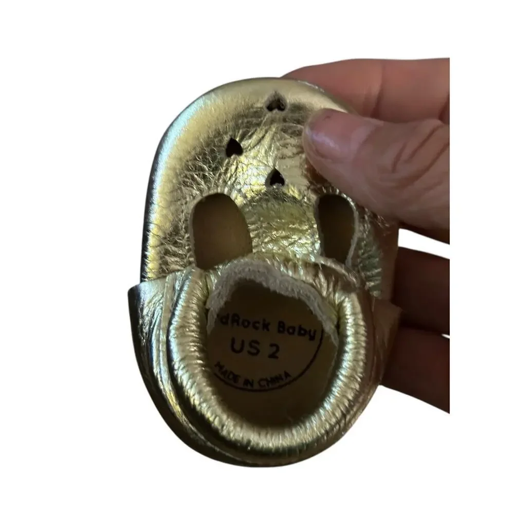 Bird Rock Baby Gold Little Heart Cutouts Moccasins Size 2